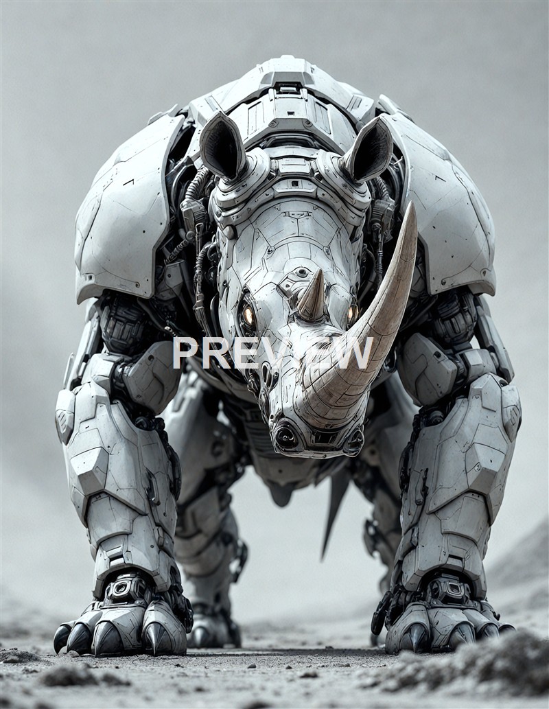 A highly detailed, futuristic robotic rhinoceros with metallic armor and intricate mechanical components, standing on a barren, rocky surface against a plain background.